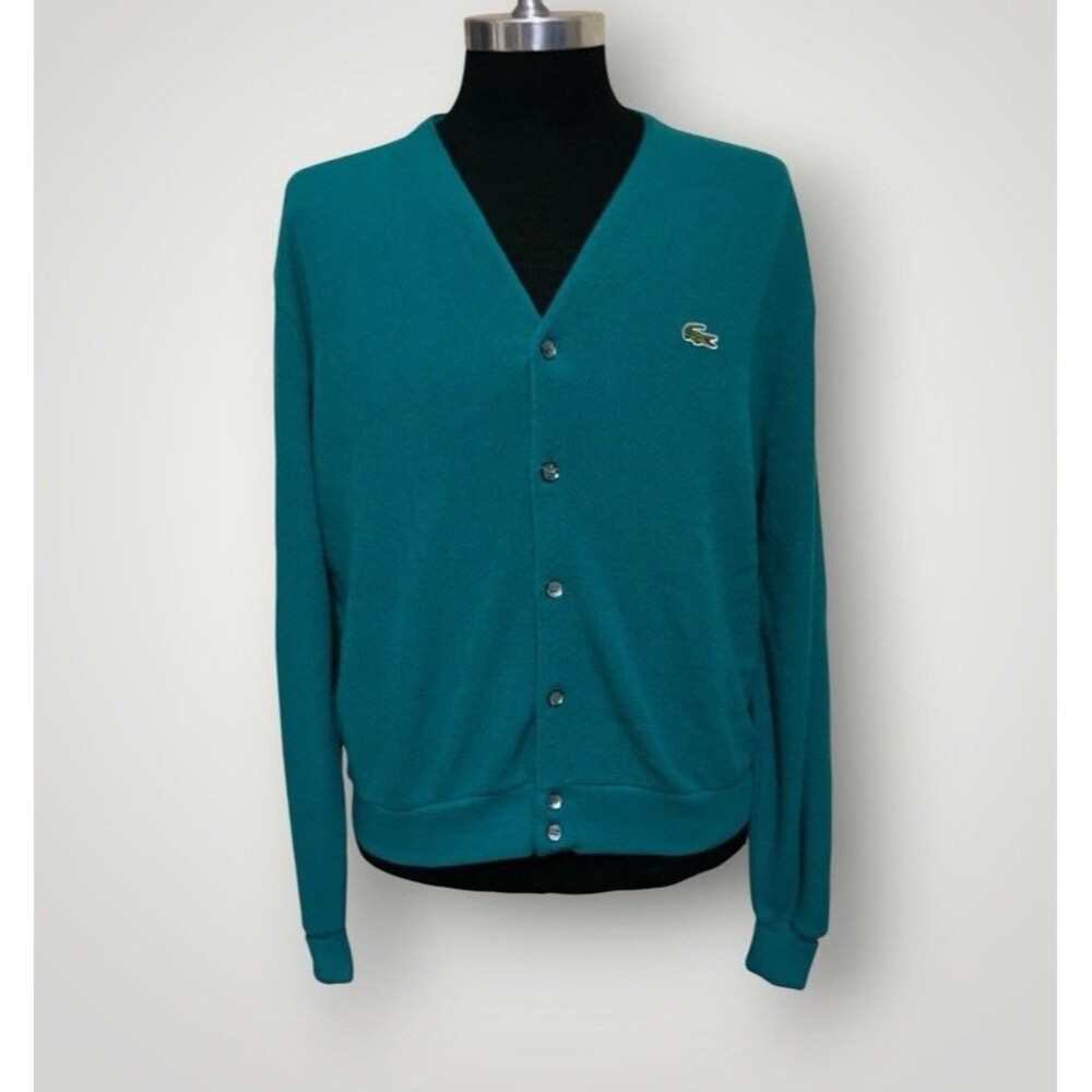 Izod Lacoste Teal Blue Orlon Acrylic Made in USA Sweater Cardigan Men's Large
